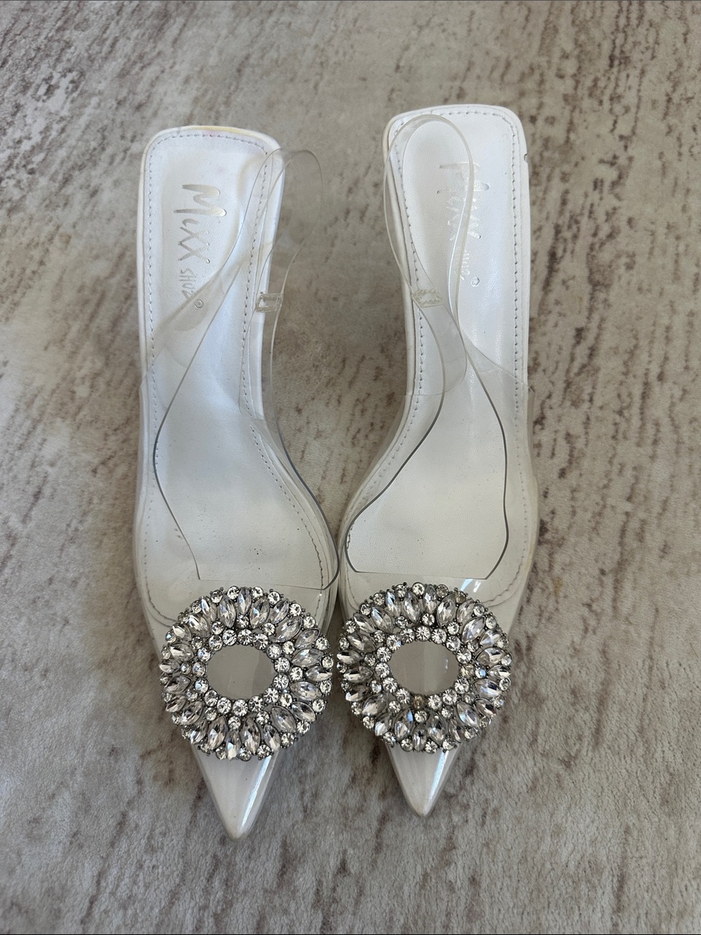 Mixx Shuz White Pointed-Toe Mules with Crystal Circle Accent 2.5inch